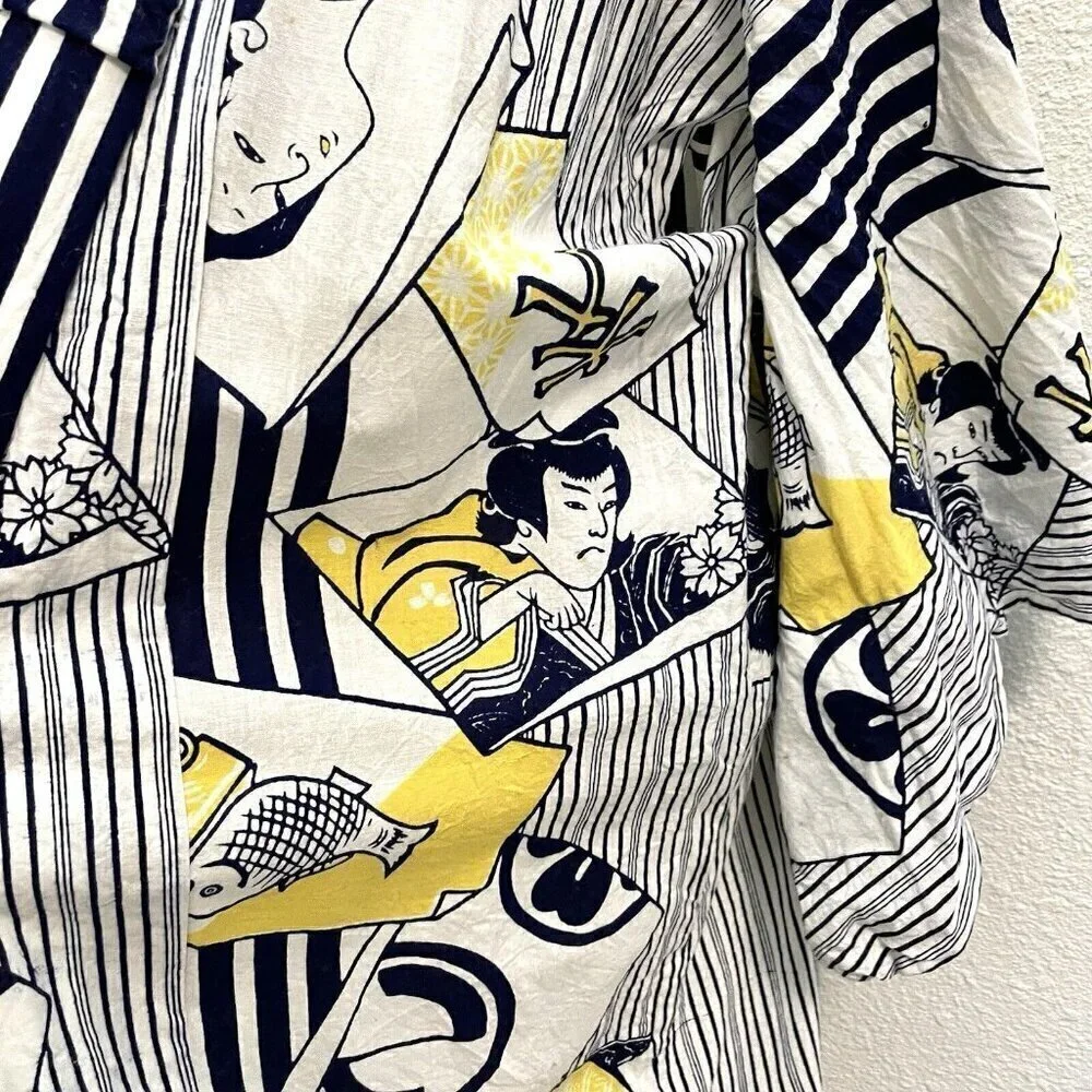100% Linen Japanese Kimono Traditional Folk Unique Blue Yellow One Size